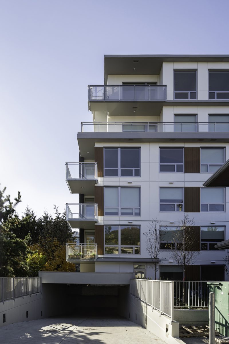Edge of the siding and balconies at Basalt in Vancouver, BC