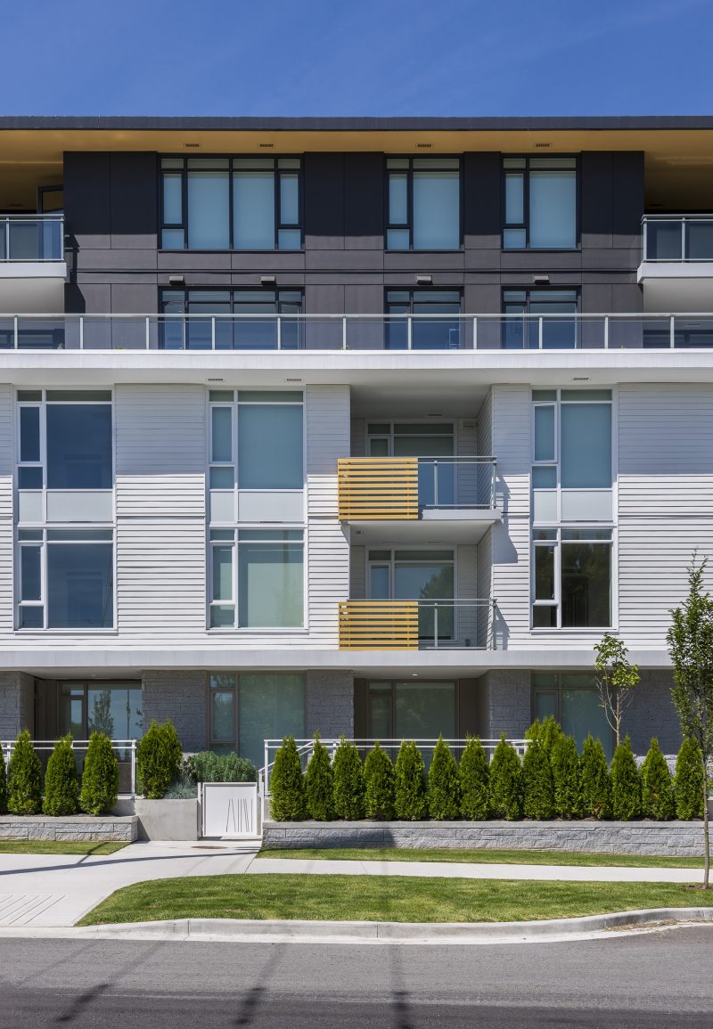 First floor view of the facade at the Belpark condominium in Vancouver BC
