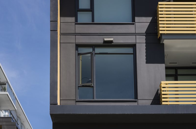 Dark panel siding at the Belpark condominium in Vancouver BC