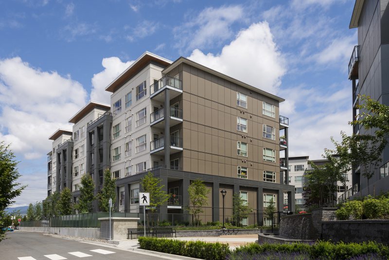 Side angle of the panel siding of the Residences at Fremont Village in Port Coquitlam.