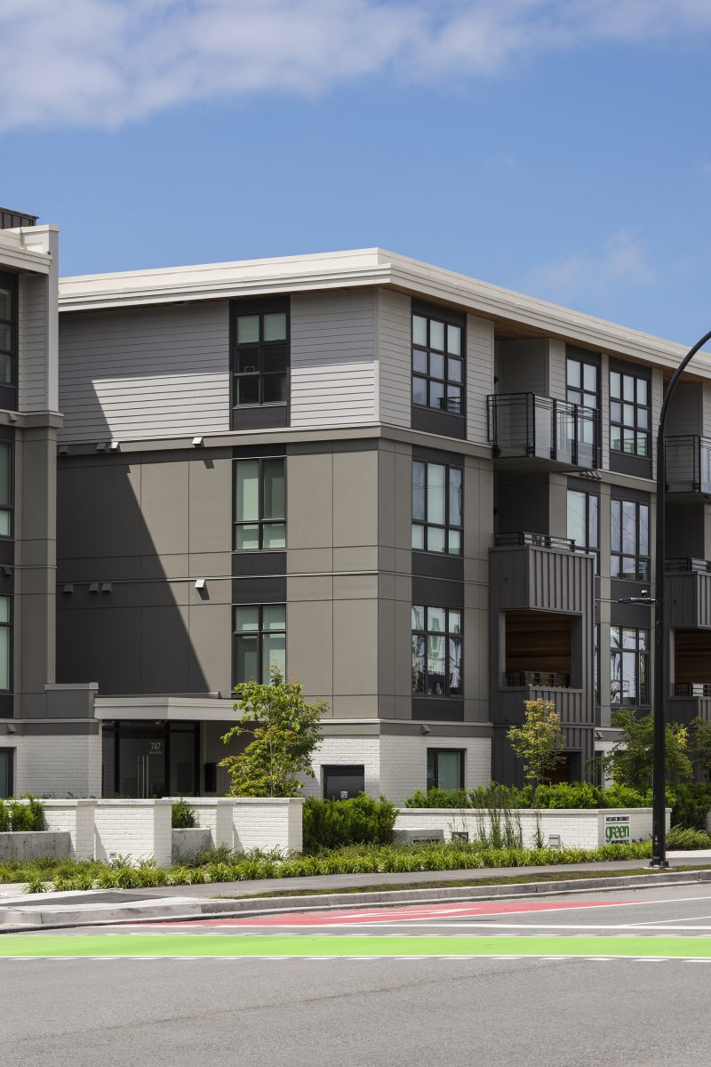 Corner view of the luxury Green condo building in Vancouver